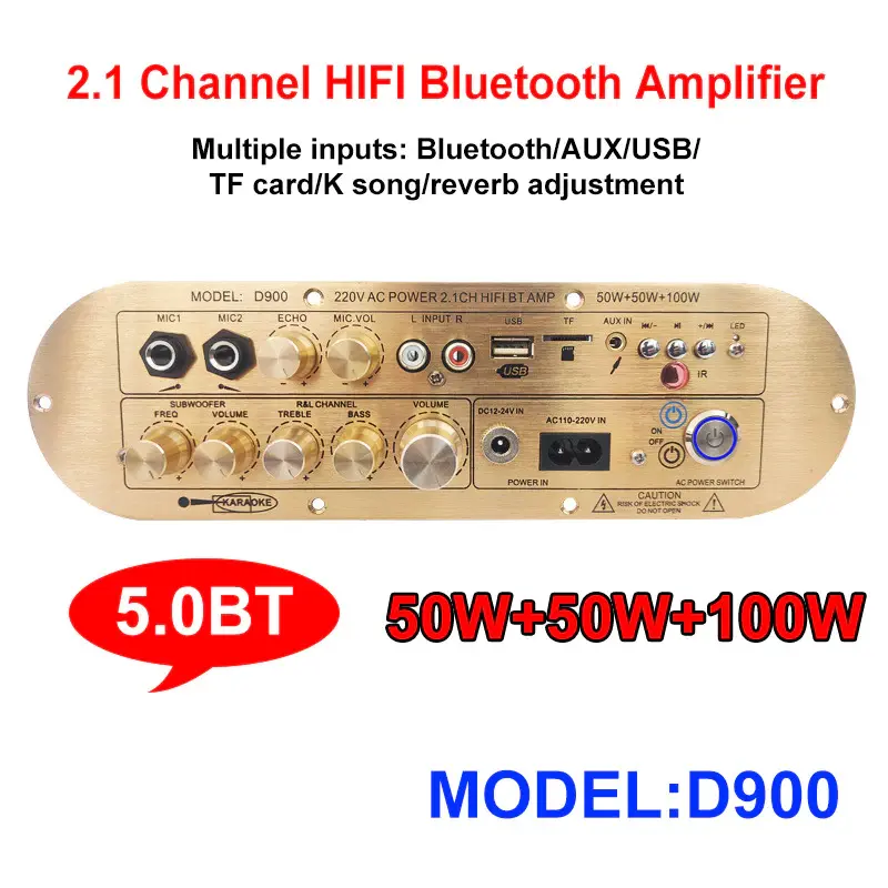 Picture of Golden Color D900 2.1 Channel 2X50W+100W Powerful Amplified board High/LowTone Power Amplifier Board Module For Active Speaker Gold