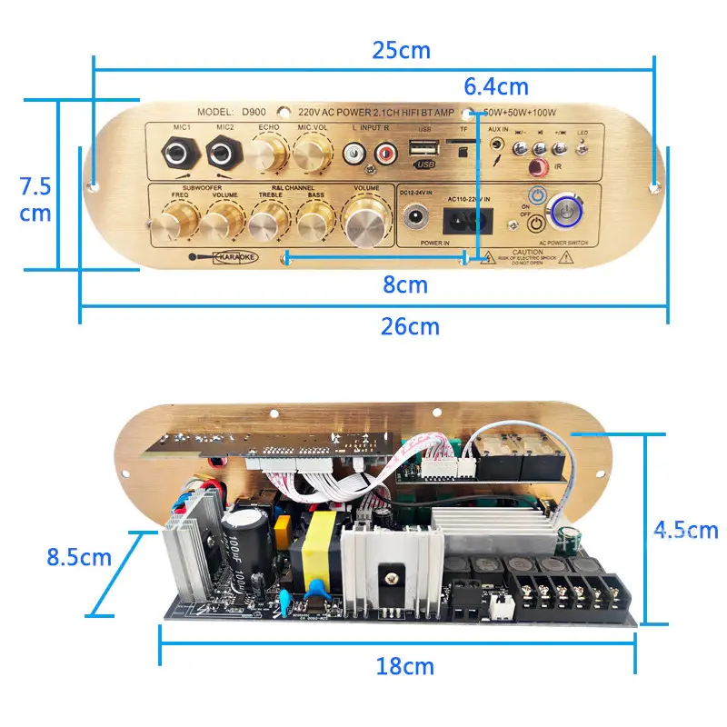 Picture of Golden Color D900 2.1 Channel 2X50W+100W Powerful Amplified board High/LowTone Power Amplifier Board Module For Active Speaker Gold