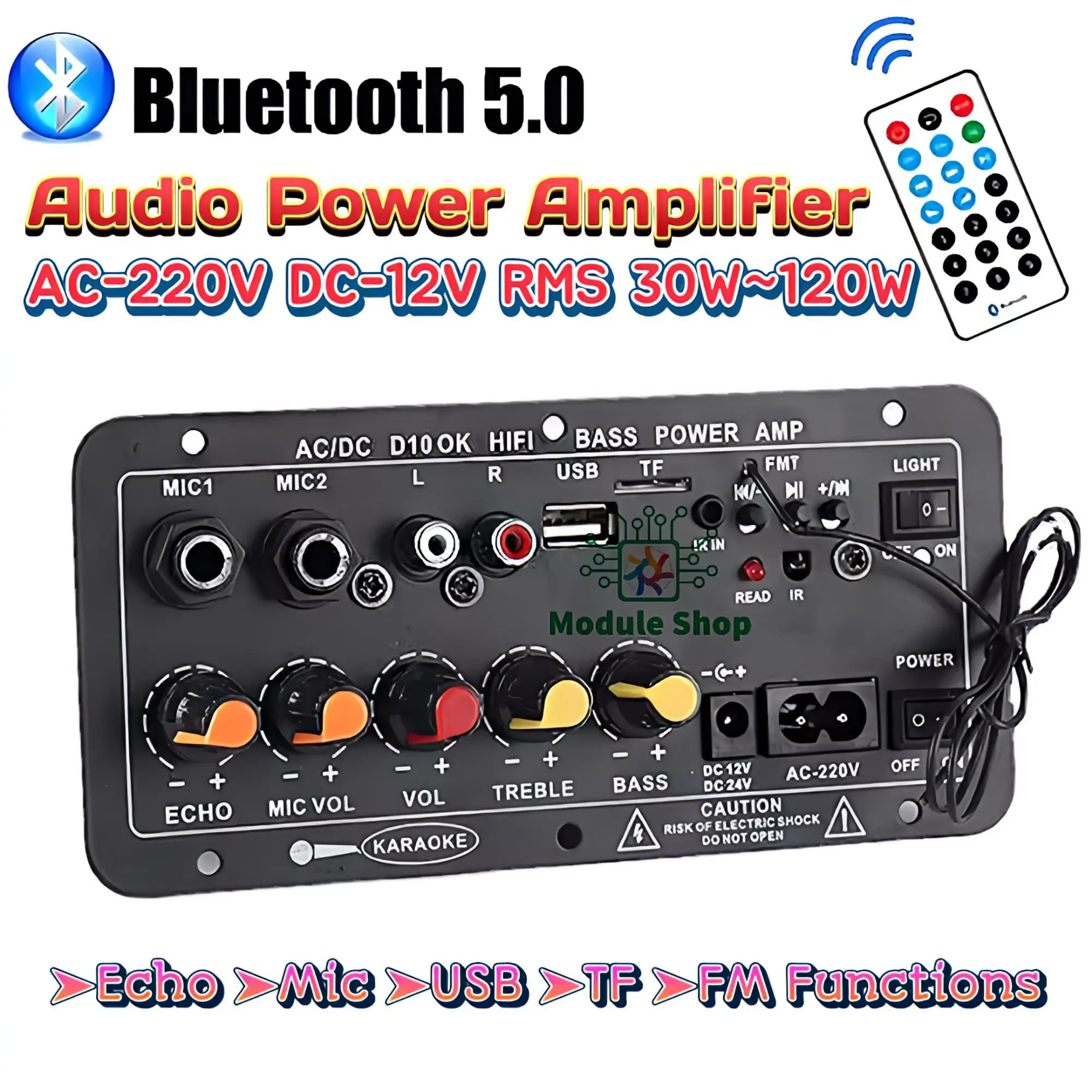 Picture of D10 Bluetooth Audio Amplifier Cabinet Type 30W-120W AC-220V DC-12V Echo USB MIC FM Radio TF
Support Dual Microphone Bluetooth 5.0 Amplifier Subwoofer for 4Ohm Speaker No Need Power Adapter Black