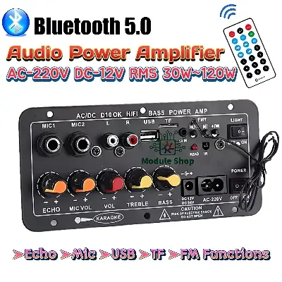 Picture of D10 Bluetooth Audio Amplifier Cabinet Type 30W-120W AC-220V DC-12V Echo USB MIC FM Radio TF
Support Dual Microphone Bluetooth 5.0 Amplifier Subwoofer for 4Ohm Speaker No Need Power Adapter Black