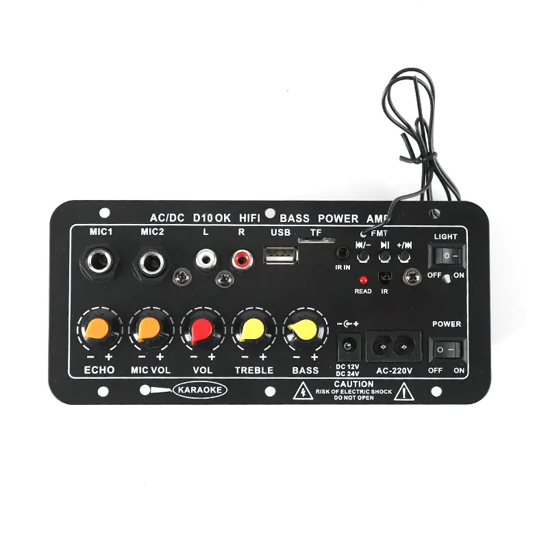 Picture of D10 Bluetooth Audio Amplifier Cabinet Type 30W-120W AC-220V DC-12V Echo USB MIC FM Radio TF
Support Dual Microphone Bluetooth 5.0 Amplifier Subwoofer for 4Ohm Speaker No Need Power Adapter Black