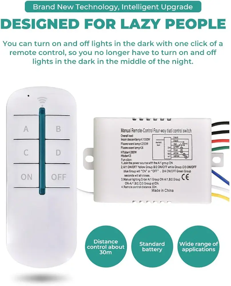 Picture of Switch & Remote Control - 4 Ways ON/Off 220V Digital Wireless Wall Light Receiver Transmitter Remote Control Switch Multicolor
