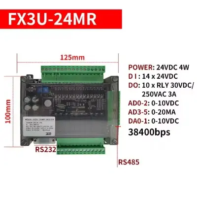 Picture of FX3U 24MR 6AD 2DA RS485 RTC 14 input 10 relay output 6 analog input 2 analog output pic controller only plc