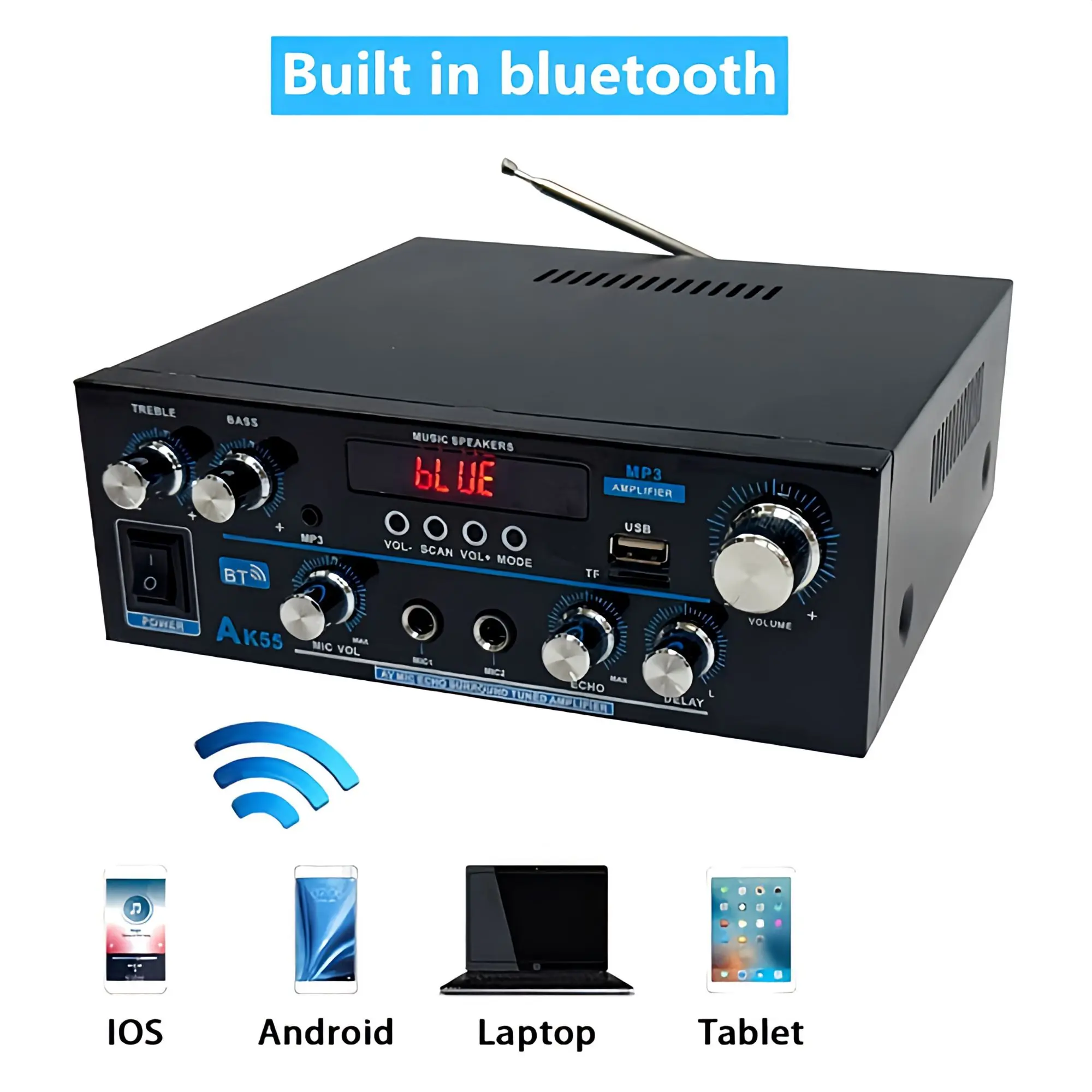 Picture of AK55 Audio Amplifier HiFi Stereo Channel 2.0 RMS70W*2 Bluetooth 5.3 AK-55 Support AUX/OPT/RCA Powered Subwoofer Power Amplifier Similar CA-MT21 ZK-TB21 ZK-502MT Black