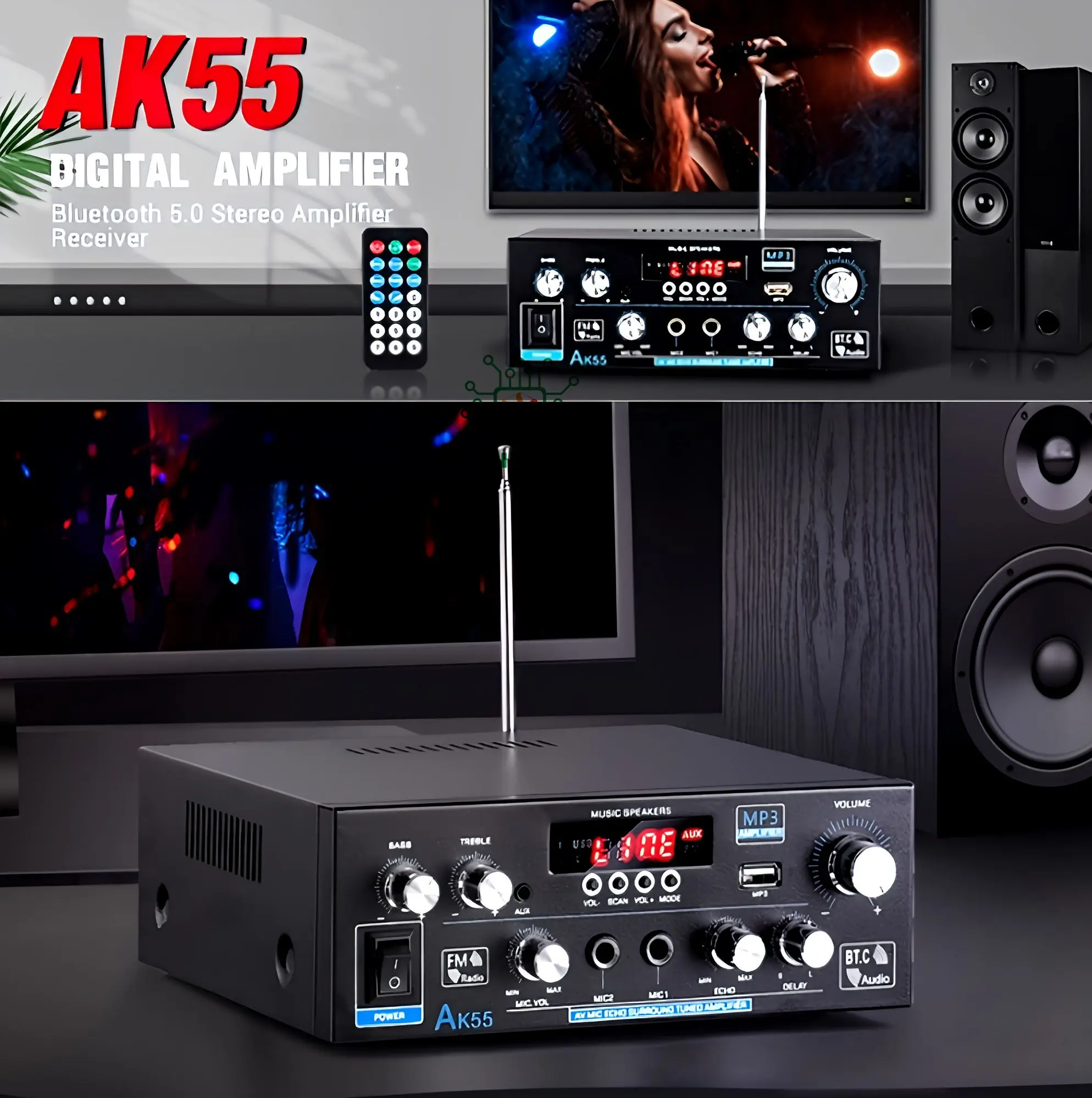 Picture of AK55 Audio Amplifier HiFi Stereo Channel 2.0 RMS70W*2 Bluetooth 5.3 AK-55 Support AUX/OPT/RCA Powered Subwoofer Power Amplifier Similar CA-MT21 ZK-TB21 ZK-502MT Black