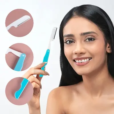Picture of Folding Eyebrow Knife Safe Folding Ladies Face Shaver Eye Brow Trimmer Blade Women Makeup Tools Face Razor Easy To Use 2pcs