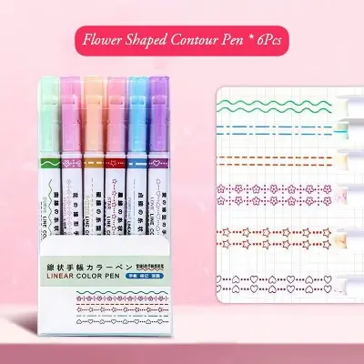 Picture of 6Pcs/Set Flower Line Shape Highlighter Pen Roller Tip Curve Liner Marker Kawaii Korean Stationery School Office Supplies Gifts Multicolor
