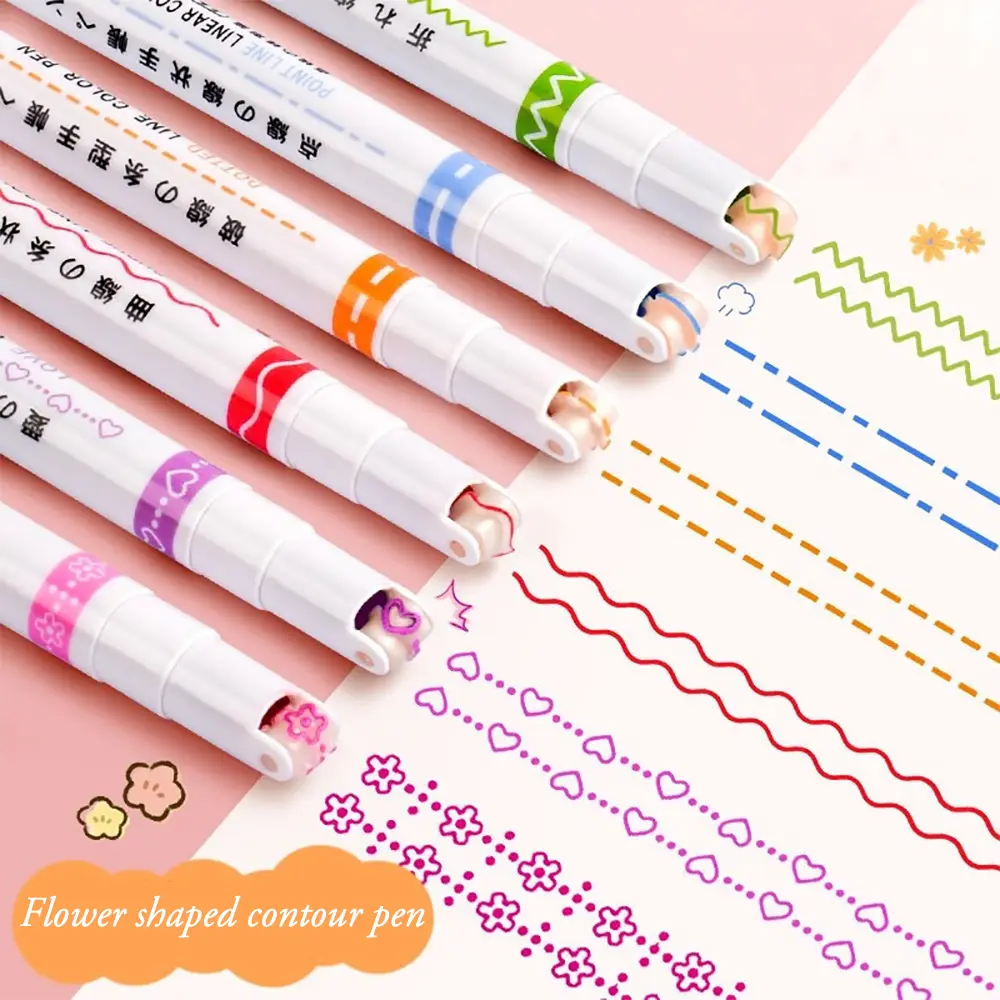 Picture of 6Pcs/Set Flower Line Shape Highlighter Pen Roller Tip Curve Liner Marker Kawaii Korean Stationery School Office Supplies Gifts Multicolor