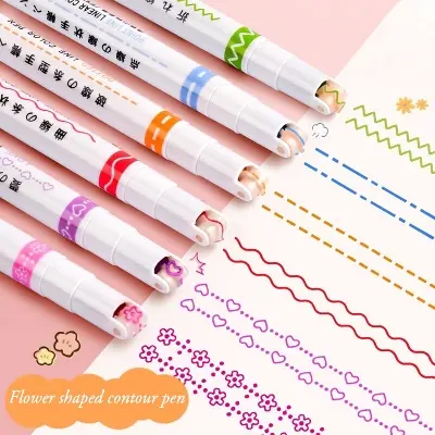 Picture of 6Pcs/Set Flower Line Shape Highlighter Pen Roller Tip Curve Liner Marker Kawaii Korean Stationery School Office Supplies Gifts Multicolor