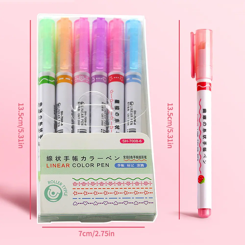 Picture of 6Pcs/Set Flower Line Shape Highlighter Pen Roller Tip Curve Liner Marker Kawaii Korean Stationery School Office Supplies Gifts Multicolor