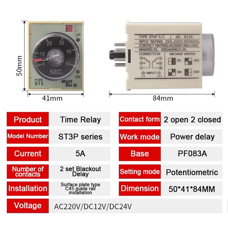 Picture of ST3P A Multi-Function Timer Relay with Base Socket AC220v /Off Delay Modes & 8-Pin Configuration Options 