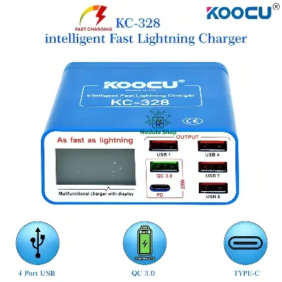 Picture of Koocu KC-328 6 Port Mobile Servicing USB Charger intelligent Fast Lightning Charger QC3.0 1 PD
+ 6 USB Port Multicolor