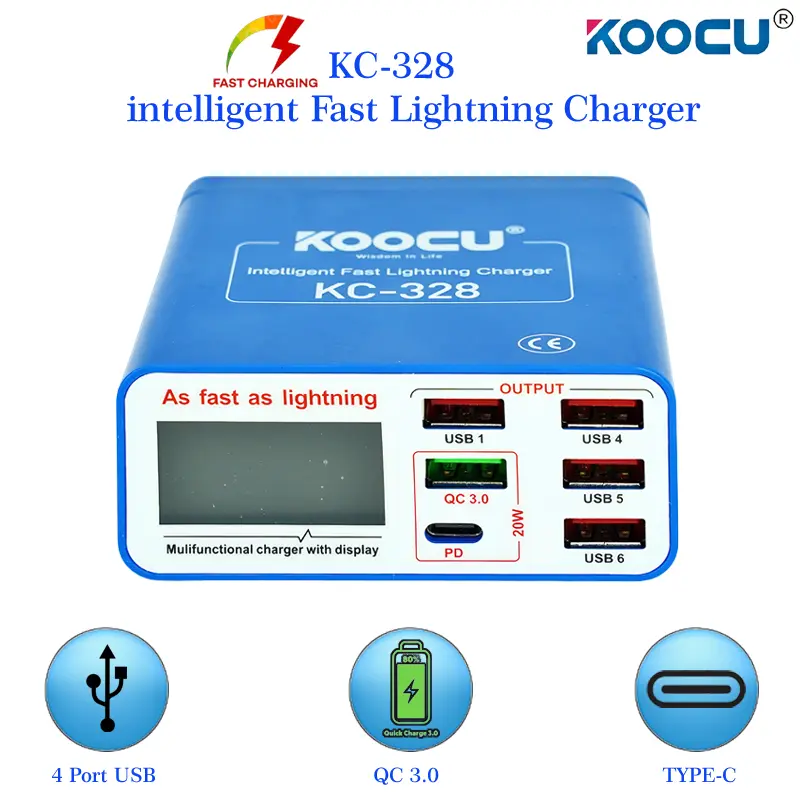 Picture of Koocu KC-328 6 Port Mobile Servicing USB Charger intelligent Fast Lightning Charger QC3.0 1 PD
+ 6 USB Port Multicolor
