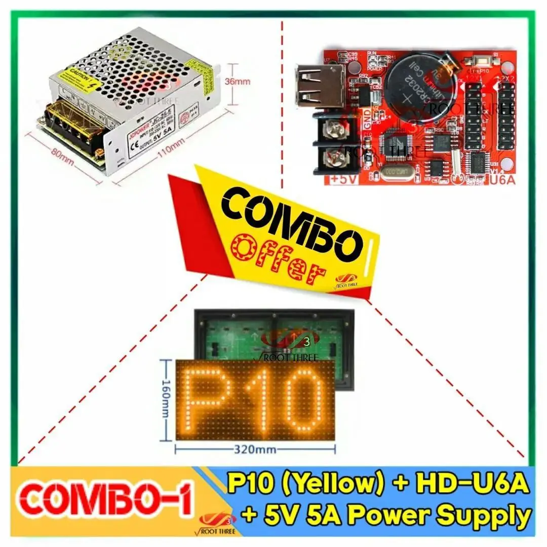 Picture of Digital Signboard Comb Pack  P10 SMD Single Color Bundle 32x16 Pixel 12"x6" Panel + 5V 5A SMPS + HD-U6a Control Card with Your Own Program 