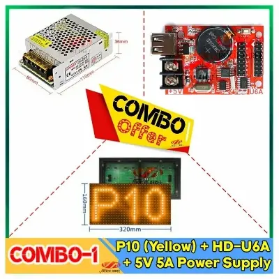 Picture of Digital Signboard Comb Pack  P10 SMD Single Color Bundle 32x16 Pixel 12"x6" Panel + 5V 5A SMPS + HD-U6a Control Card with Your Own Program 