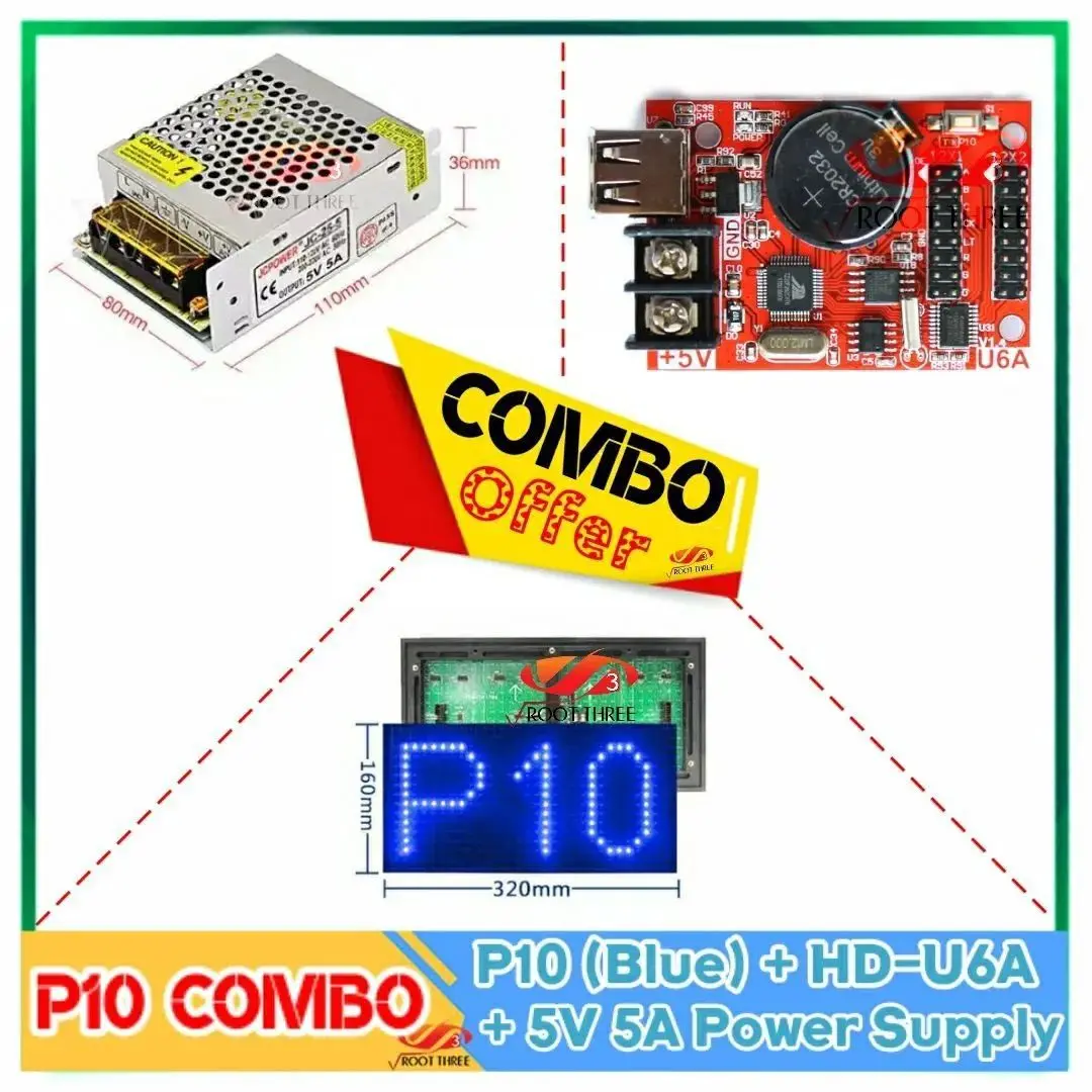 Picture of Digital Signboard Comb Pack  P10 SMD Single Color Bundle 32x16 Pixel 12"x6" Panel + 5V 5A SMPS + HD-U6a Control Card with Your Own Program 