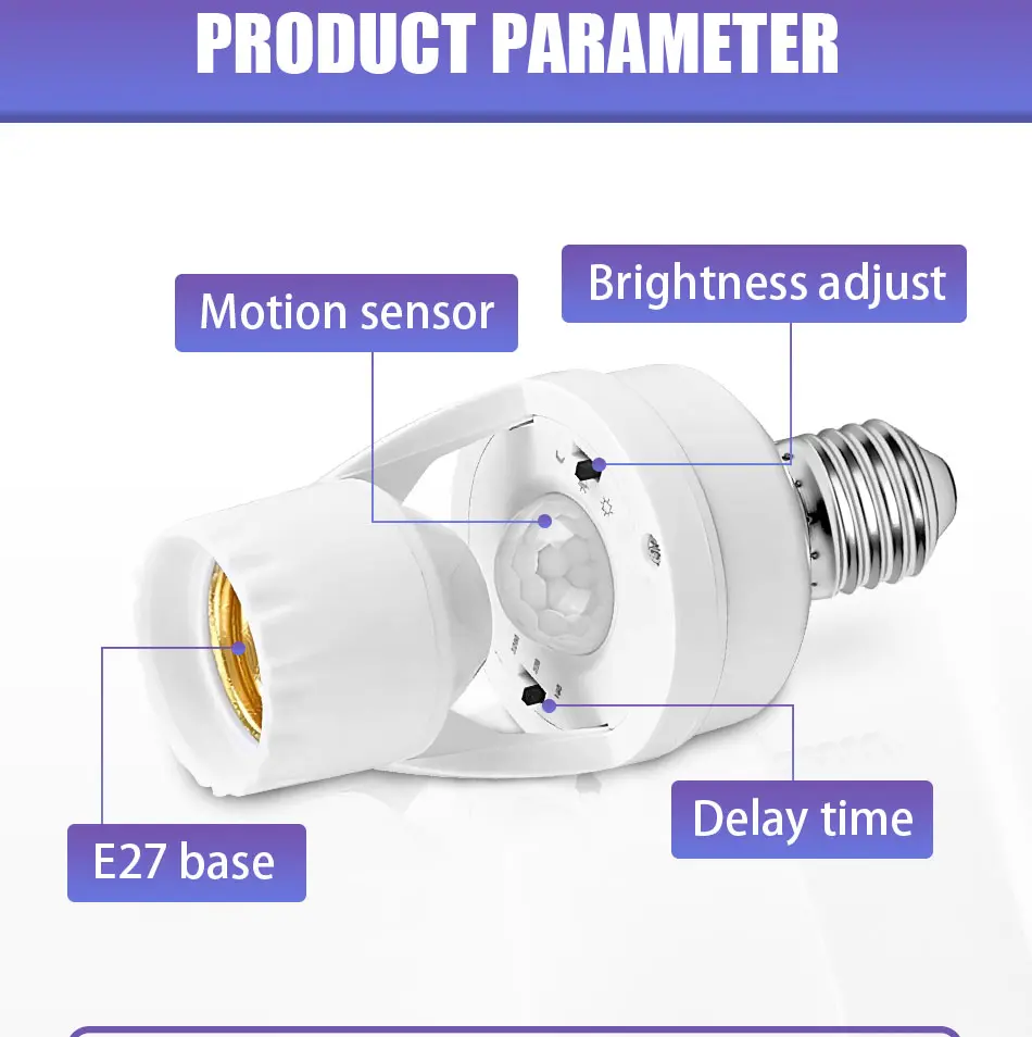Picture of Human body infrared induction human body sensor E27 AC85-265V screw socket light bulb socket plug adapter motion sensor lamp base White