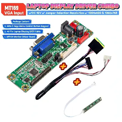 Picture of Laptop Display Monitor Combo Pack MT169 1ch 6bit 40 Pin 25mm LVDS 5 Key Manu Button Keypad Supply 12V 5A  Support VGA Input 40 Pin LVDs 1366x768 & 1024x600 Resolution combo