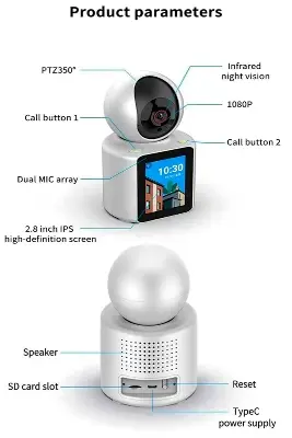 Picture of Video Calling 4G/WiFi PTZ Indoor Security Camera 1080P Full HD,AI Auto Tracking,2.8inch HD Display and Two-Way Video Calling, Human/Pet AI Ideal for Baby Monitor/Pet Camera/Home Video IP