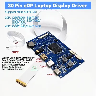 Picture of Laptop Display Driver eDP 30 Pin 0.5mm 1366x768 Mini HDMI Type-C EDP Driver Board EDP Signal Screen Controller Board Portable LED LCD Display Board+LVDs+Type C