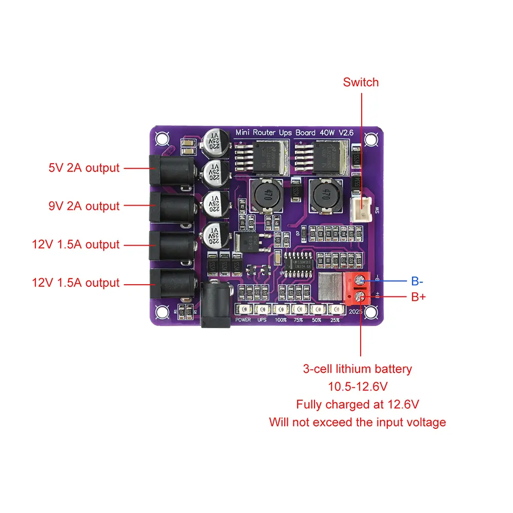 Picture of Mini Router Uninterruptible Power Supply Board 12.6V Battery Charging Board 3S Lithium Battery
Input 5V/9V/12V Output 40W DC UPS for Router Onu CCTV DVR XVR Multicolor