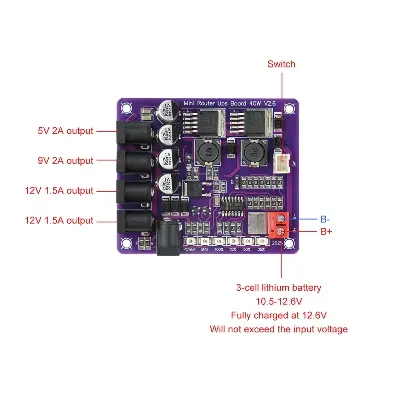 Picture of Mini Router Uninterruptible Power Supply Board 12.6V Battery Charging Board 3S Lithium Battery
Input 5V/9V/12V Output 40W DC UPS for Router Onu CCTV DVR XVR Multicolor