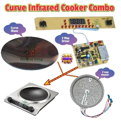 Picture of Curve Type Infrared Cooker Combo Individual Curve Glass 2 Mode Heater with Driver fit for All Cooking Pot Series Curve Panel Top Glass 4 Wire Curve Series Heater & 2 Mode Infrared Cooker Driver AC 220V Individual ON OFF LED Display Recipe Functions 