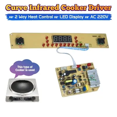 Picture of Curve Type Infrared Cooker Combo Individual Curve Glass 2 Mode Heater with Driver fit for All Cooking Pot Series Curve Panel Top Glass 4 Wire Curve Series Heater & 2 Mode Infrared Cooker Driver AC 220V Individual ON OFF LED Display Recipe Functions 