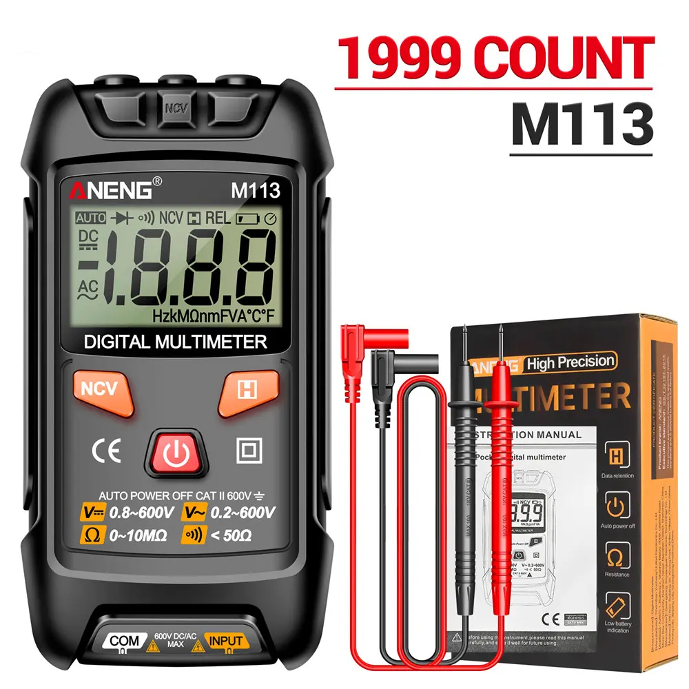 Picture of ANENG M113 Digital Multimeter Tester 1999 Counts Auto Ranging Amp Ohm Voltmeter for Household Outlet Automotive Electrical Tools Multicolor