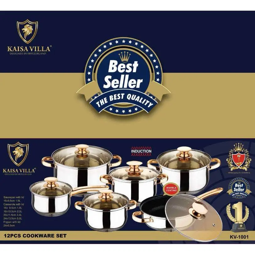 Picture of KAISA VILLA KV-1001 STAINLESS STEEL PAN FRYING PAN SOUP POT 12 PIECES PAN KITCHEN TITANIUM COOKWARE