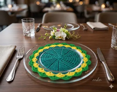 Picture of 04 Pcs Handmade Crochet Cotton Placemat Set | Premium Round Table Mat 10.5" & 9" | Elegant Dining Table Decor | MNK SHOP - …, Multicolor