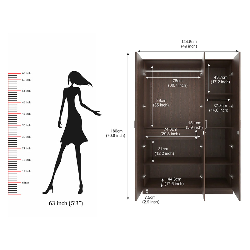 Picture of Andrie 3 Door Wardrobe/Clothes Storage Rack Organizer Almirah Cupboard Cabinet with Shelves and Cloth Hanger for Bedroom Home Furniture