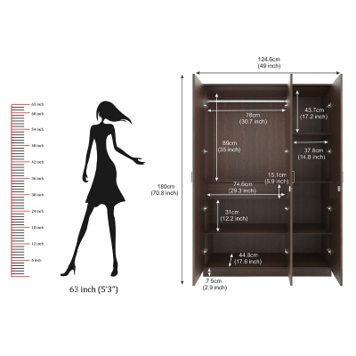 Picture of Andrie 3 Door Wardrobe/Clothes Storage Rack Organizer Almirah Cupboard Cabinet with Shelves and Cloth Hanger for Bedroom Home Furniture