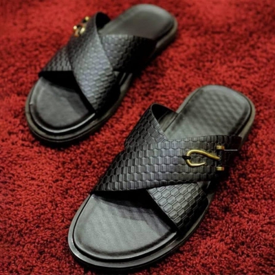 Picture of Men’s Black Textured Cross-Strap Slide Sandals