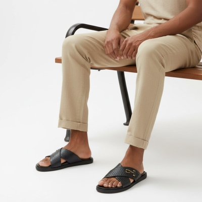 Picture of Men’s Black Textured Cross-Strap Slide Sandals