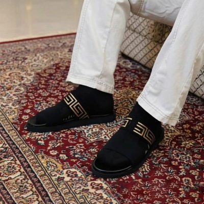 Picture of Men’s Black & Gold Cross-Strap Slide Sandals