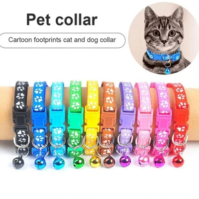 Picture of Dog Puppy Cat Kitten Buckle Cute Paw Print Bell Adjustable Pet Collar- multicolour