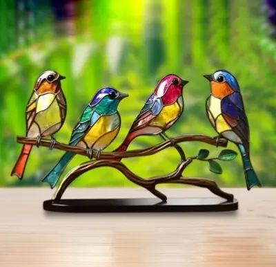Picture of Sea Glass Birds,Bird Lover Gifts, Stained Glass Birds on Branch, Desk Ornaments Acrylic Colourful Birds Ornament Vivid Tabletop Bird Decoration for Bar Decor Gift 4 Birds -Multicolour