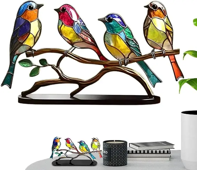 Picture of Sea Glass Birds,Bird Lover Gifts, Stained Glass Birds on Branch, Desk Ornaments Acrylic Colourful Birds Ornament Vivid Tabletop Bird Decoration for Bar Decor Gift 4 Birds -Multicolour