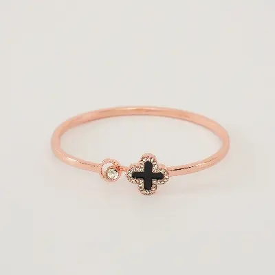 Picture of Metal Titanium Steel Bangle Rose  Leaf Clover Charm Opened Cuff Bangle Bracelet - Bracelet