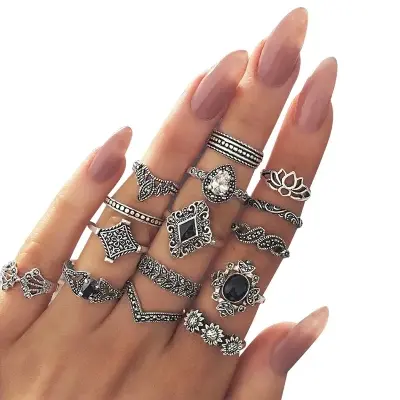 Picture of 15 Pcs/set  Crystal Flower Leaves Hollow Lotus Gem  Ring Set - Ring For Girls - Ring - Couple Ring