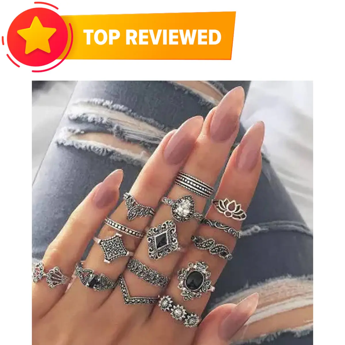 Picture of 15 Pcs/set  Crystal Flower Leaves Hollow Lotus Gem  Ring Set - Ring For Girls - Ring - Couple Ring