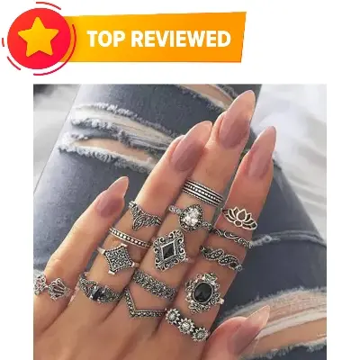 Picture of 15 Pcs/set  Crystal Flower Leaves Hollow Lotus Gem  Ring Set - Ring For Girls - Ring - Couple Ring