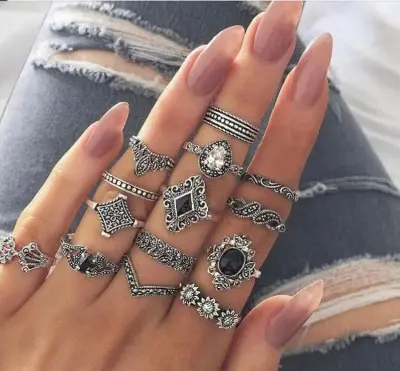 Picture of 14 Pieces/set Crystal Flower Leaves Hollow Lotus Gem Ring Set