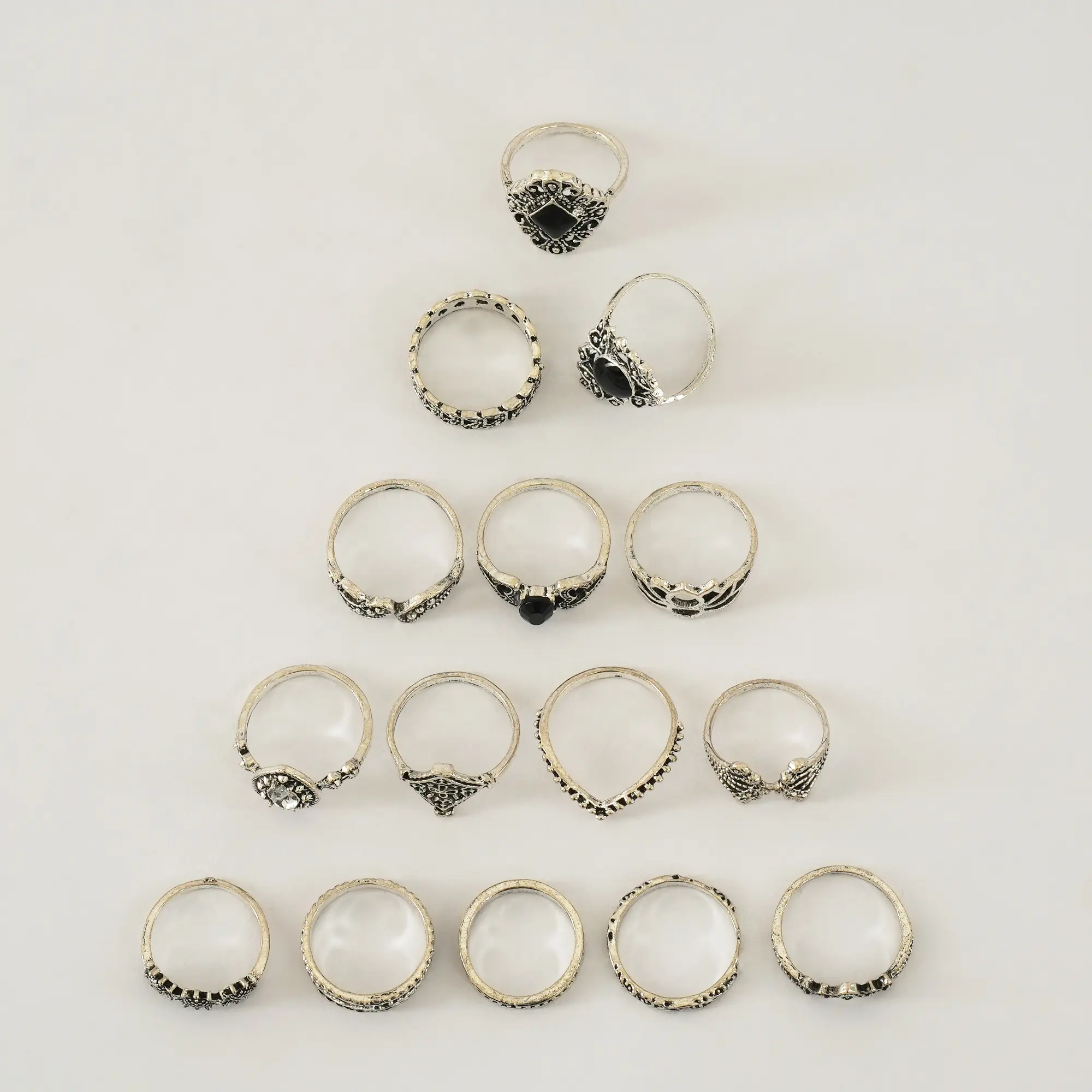Picture of 14 Pieces/set Crystal Flower Leaves Hollow Lotus Gem Ring Set