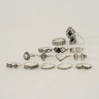 Picture of 14 Pieces/set Crystal Flower Leaves Hollow Lotus Gem Ring Set