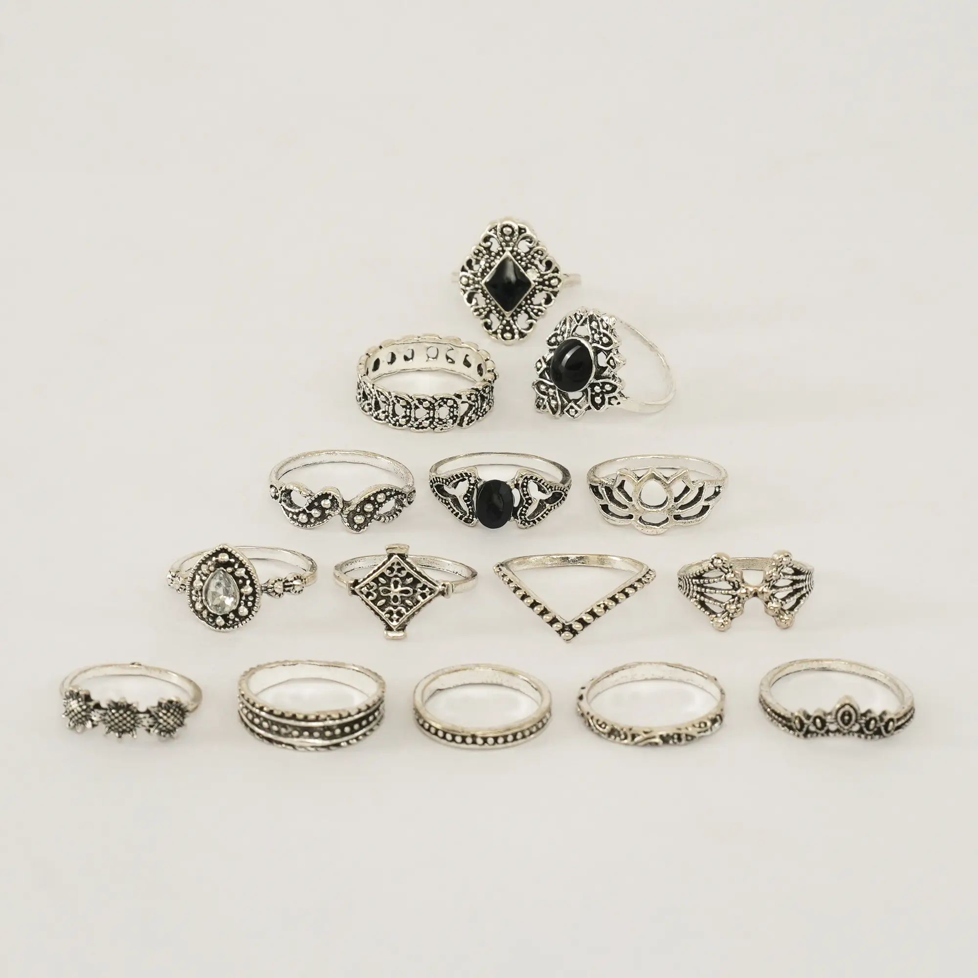 Picture of 14 Pieces/set Crystal Flower Leaves Hollow Lotus Gem Ring Set