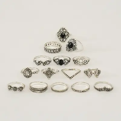 Picture of 14 Pieces/set Crystal Flower Leaves Hollow Lotus Gem Ring Set