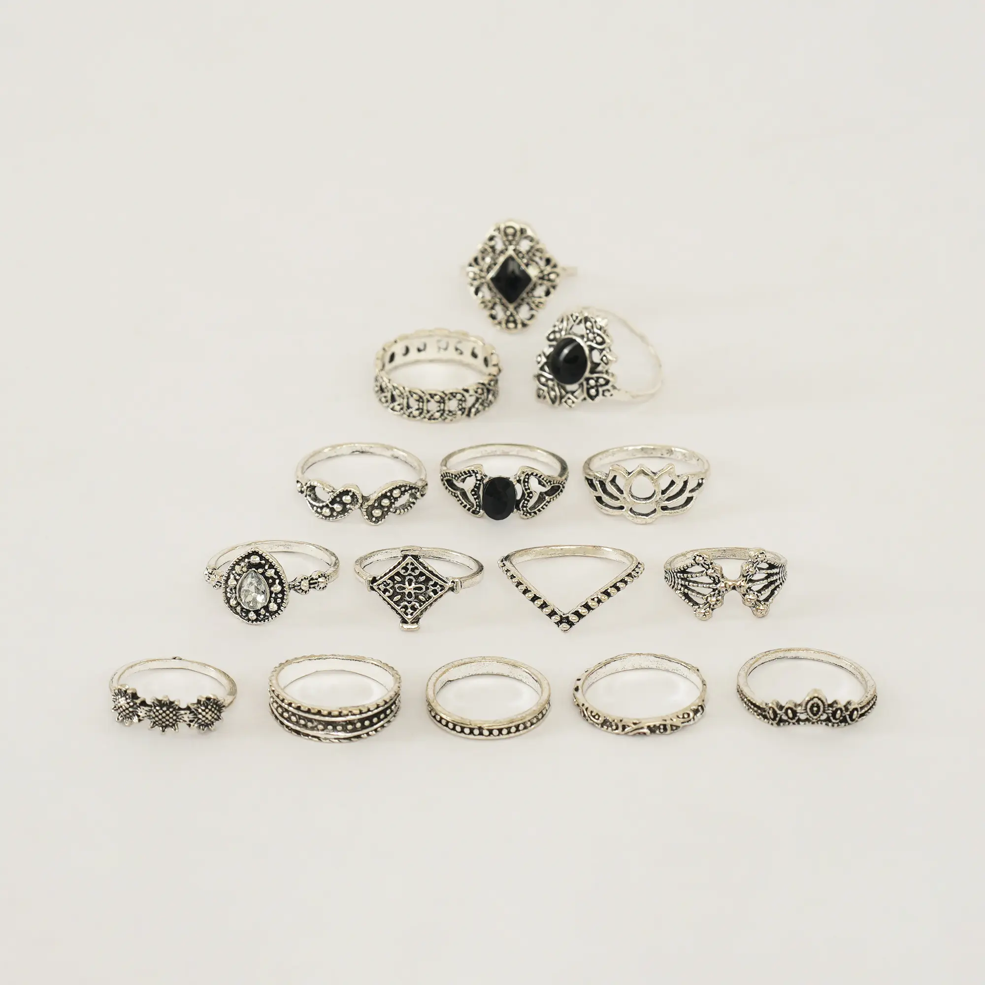 Picture of 14 Pieces/set Crystal Flower Leaves Hollow Lotus Gem Ring Set