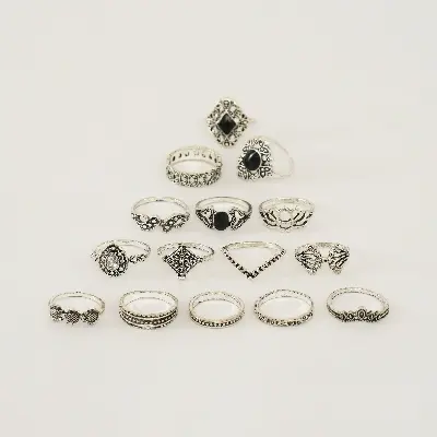 Picture of 14 Pieces/set Crystal Flower Leaves Hollow Lotus Gem Ring Set